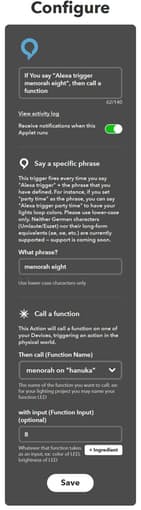 Example of Call to set all 8 LEDS on for Menorah 